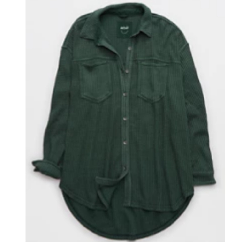 Aerie Anytime Fave Waffle Button Down Shirt Dark Green Size Medium